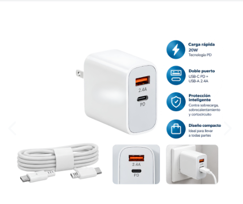 Cargador 20W Usb Cable Tipo C Carga