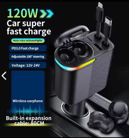 Cargador automóvil 4 en 1 con audífonos