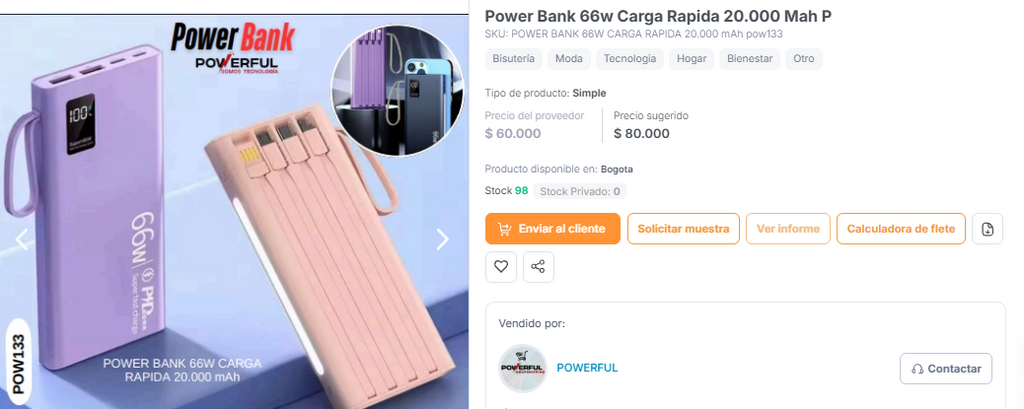 POWER BANK 66W CARGA RAPIDA 20.000 mAh