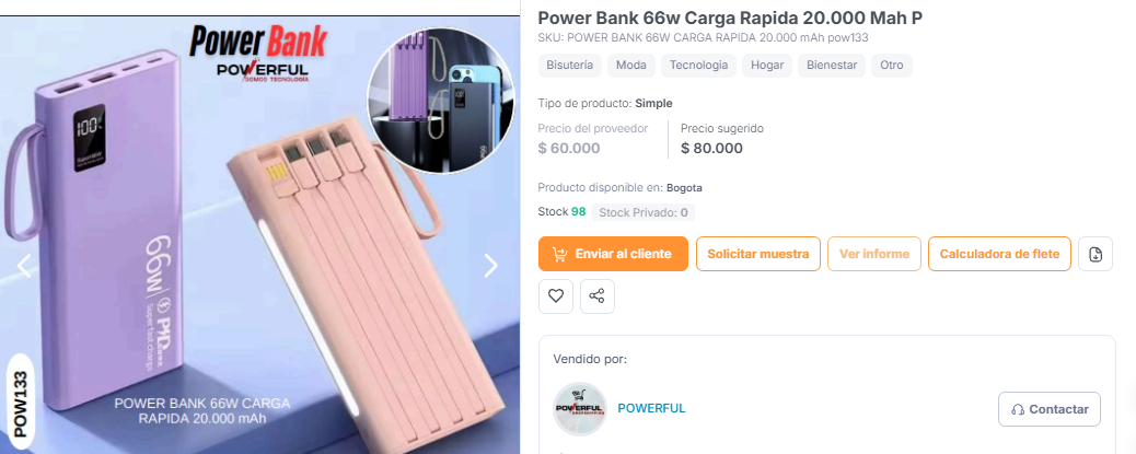 POWER BANK 66W CARGA RAPIDA 20.000 mAh